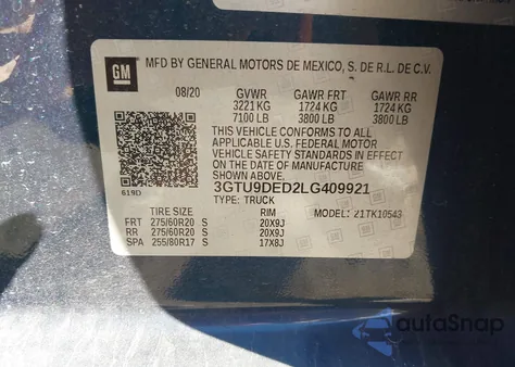 2020 GMC Sierra 1500 4Wd Short Box Slt z USA, uszkodzony, nr VIN 3GTU9DED2LG409921